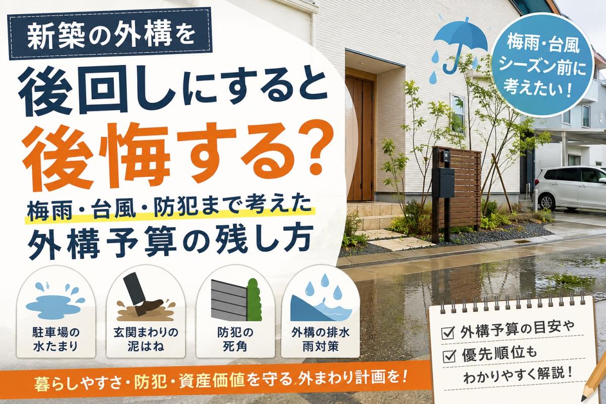 新築の外構を後回しにすると後悔する？梅雨・台風・防犯で困らない予算の残し方